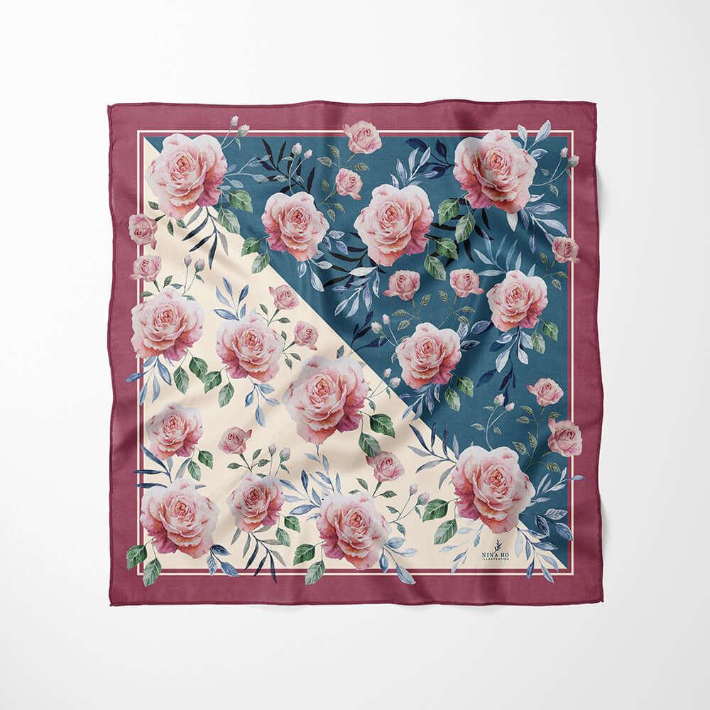 藍葉玫瑰雙面真絲絲巾-奶油色古典綠