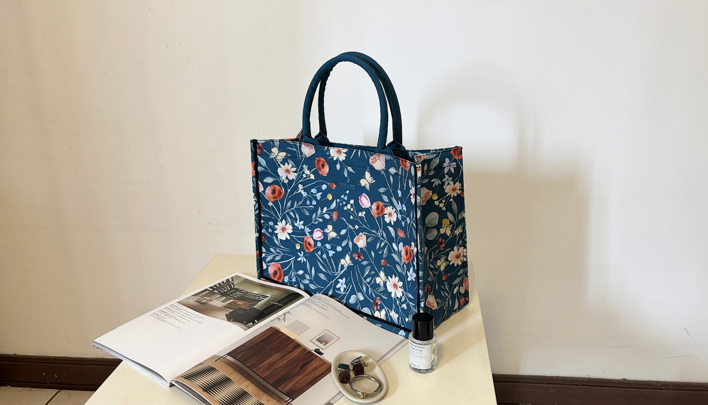Floral Party Canvas Tote Bag - Deep Blue
