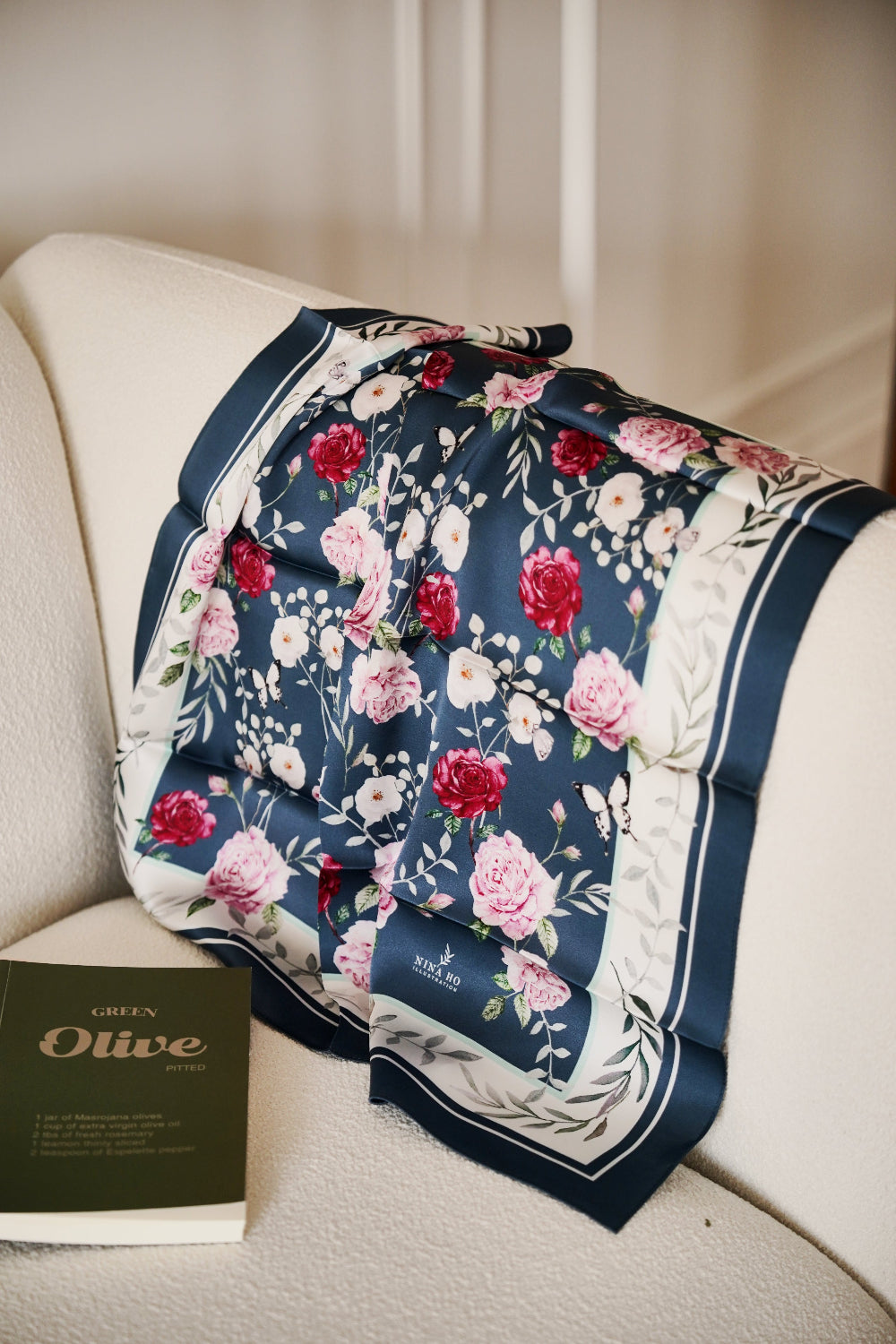 Garden rose silk scarf blending into a calm interior space with an elegant, airy mood-Nina Ho Illustration