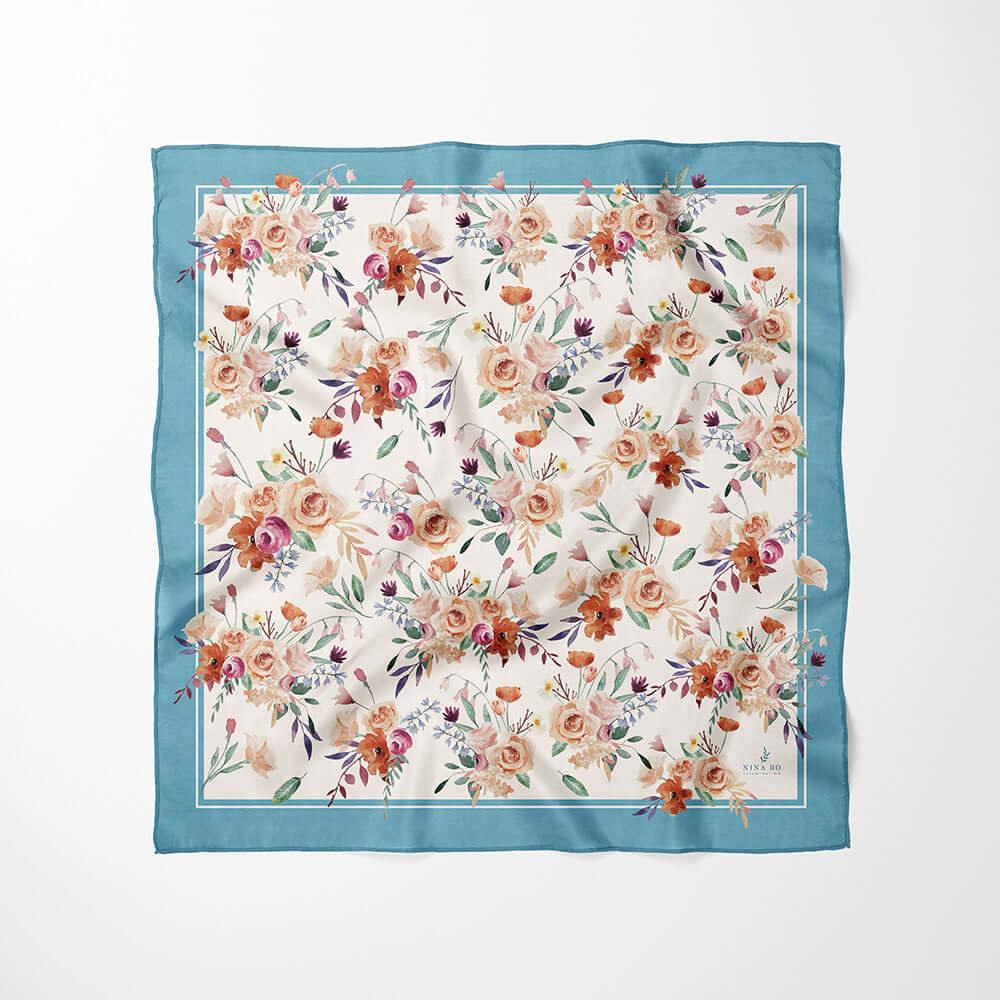 玫瑰園絲巾Rose Garden Silk Scarf - Light Blue