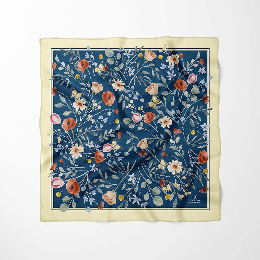 花叢派對雙面真絲絲巾-深藍