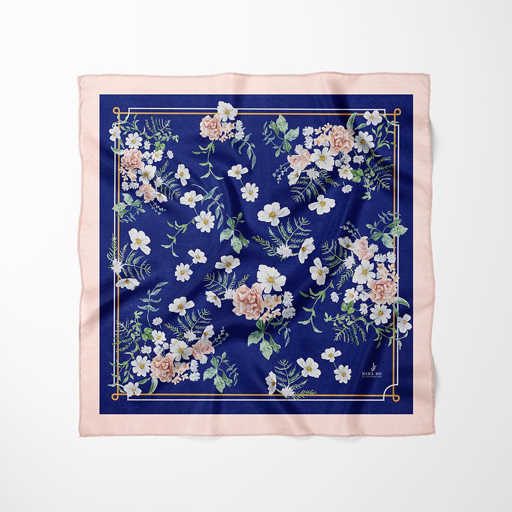 白色野花雙面真絲絲巾-琉璃藍