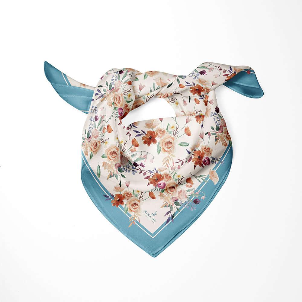 玫瑰園絲巾Rose Garden Silk Scarf - Light Blue