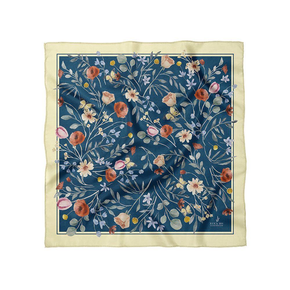 花叢派對雙面真絲絲巾-深藍