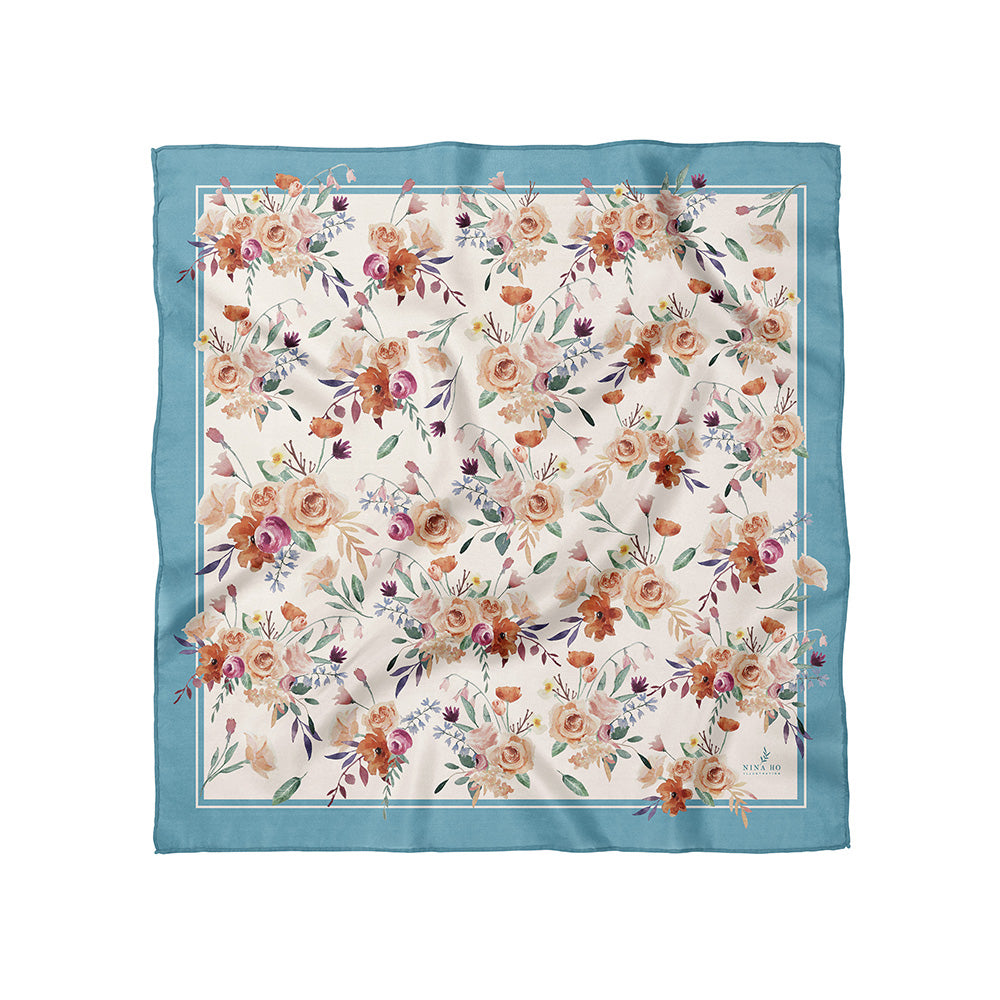 玫瑰園絲巾Rose Garden Silk Scarf - Light Blue