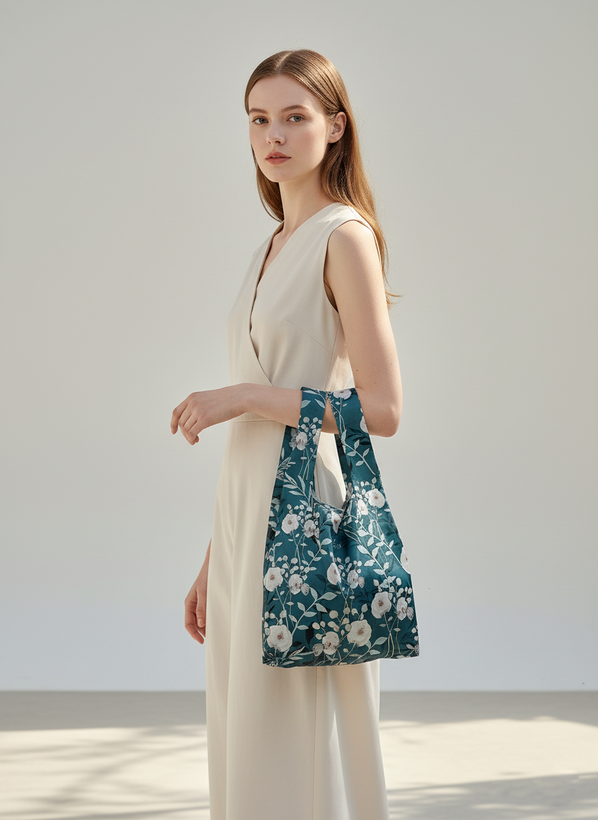 茶花與蝴蝶購物袋-S-藍綠