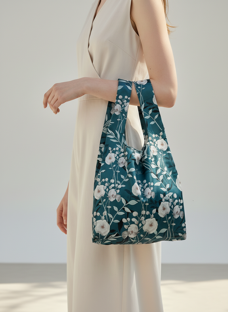 茶花與蝴蝶購物袋-S-藍綠