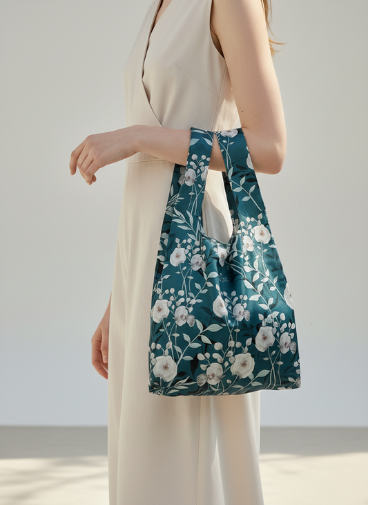 椿と蝶のショッピングバッグ-S-ブルーグリーン