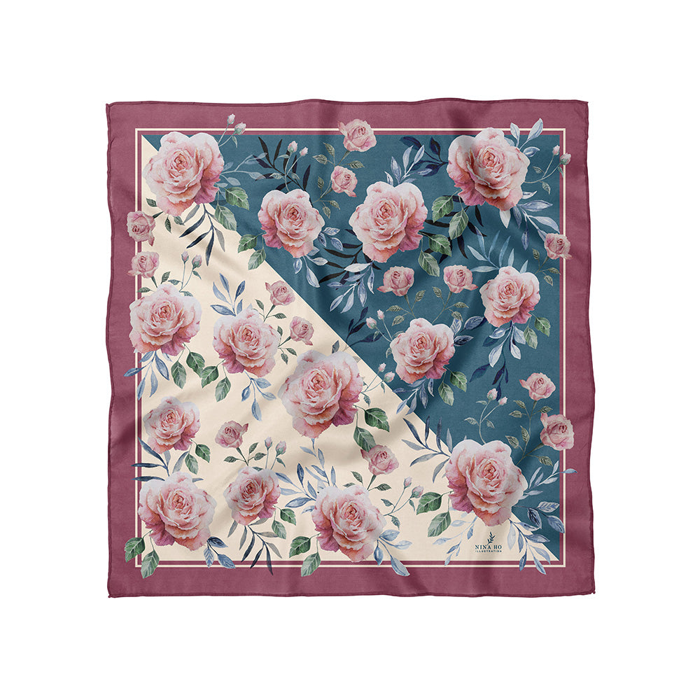 藍葉玫瑰雙面真絲絲巾-奶油色古典綠