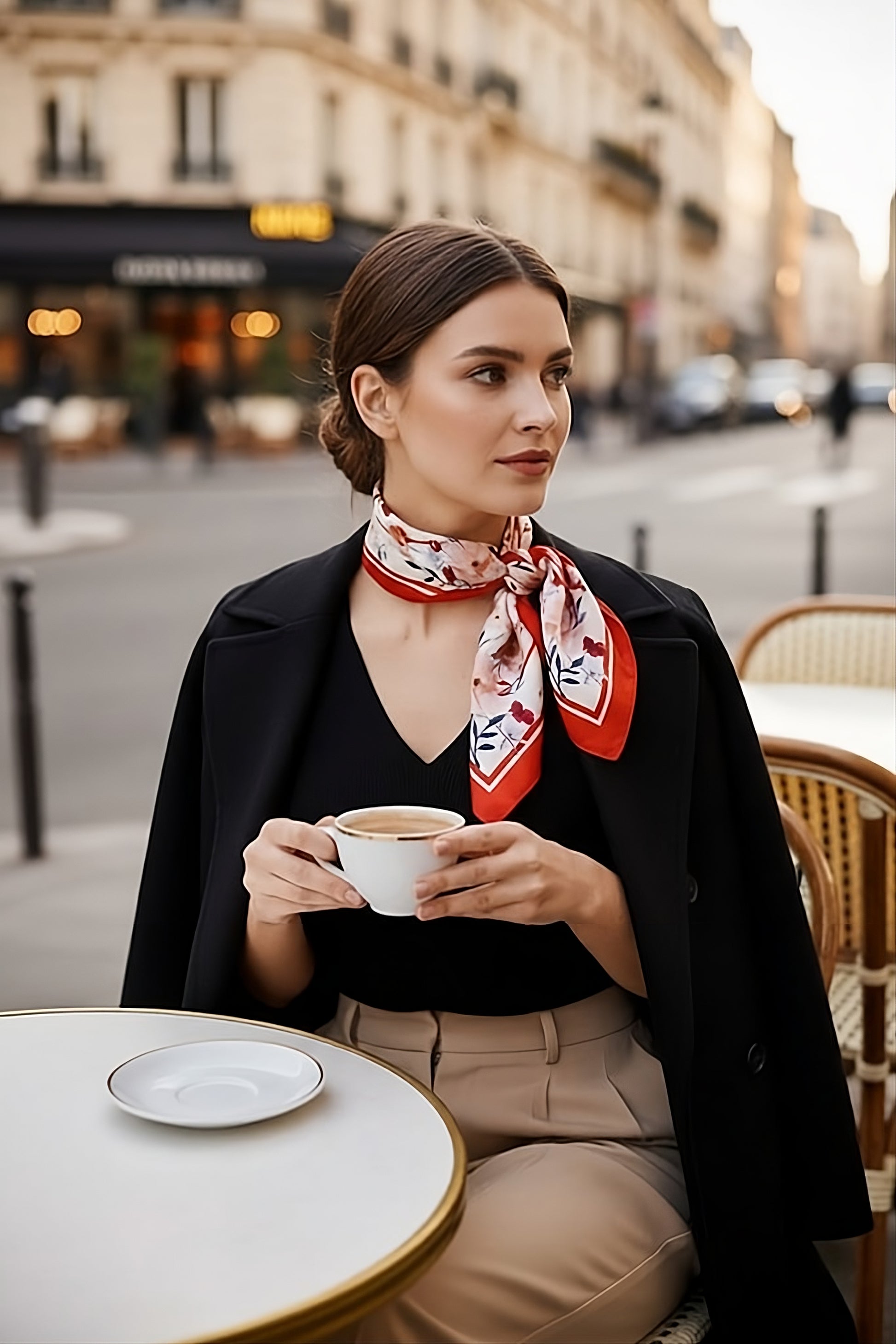 Vibrant orange NINA HO Poppy Valley silk scarf styled with a classic black coat to brighten the complexion