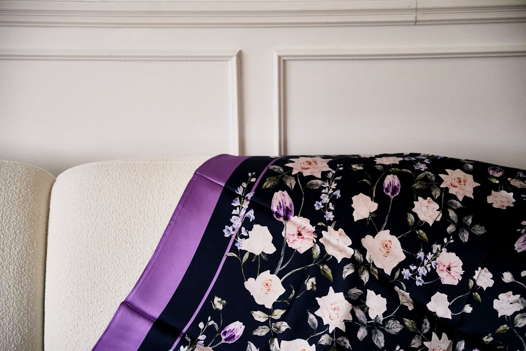 White Rose Garden silk scarf large close-up detail on sofa - Nina Ho Illustration