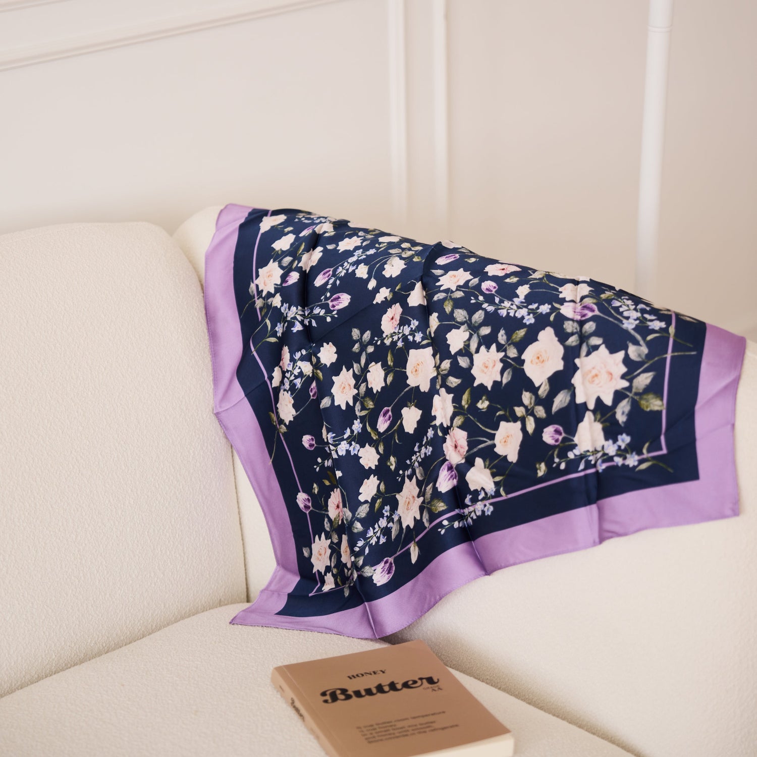 White Rose Garden silk scarf small styled on sofa chair - Nina Ho Illustration
