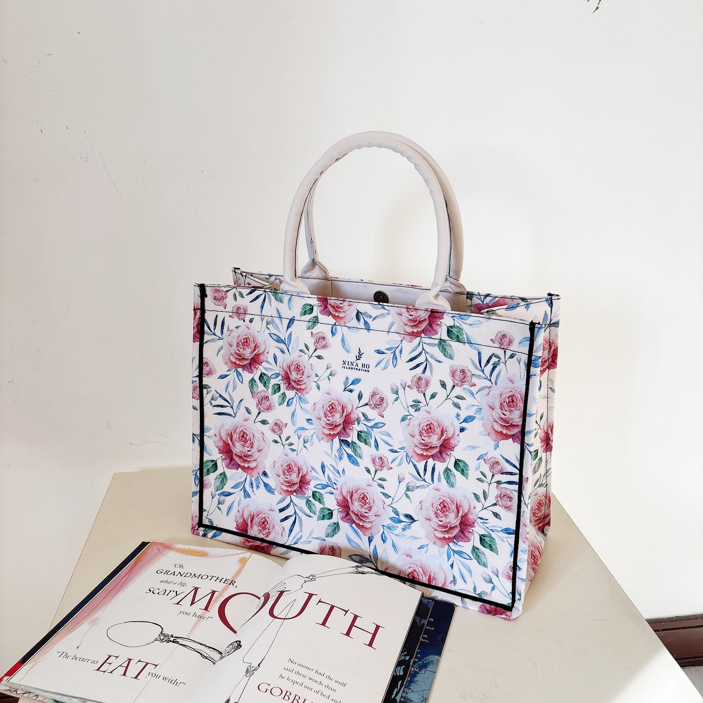 藍葉玫瑰 帆布手提大方包-奶油色(米白)(新品)