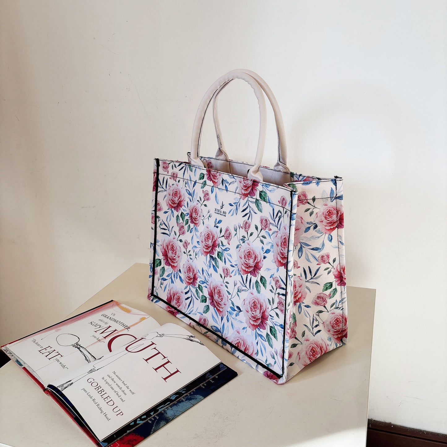 藍葉玫瑰 帆布手提大方包-奶油色(米白)(新品)