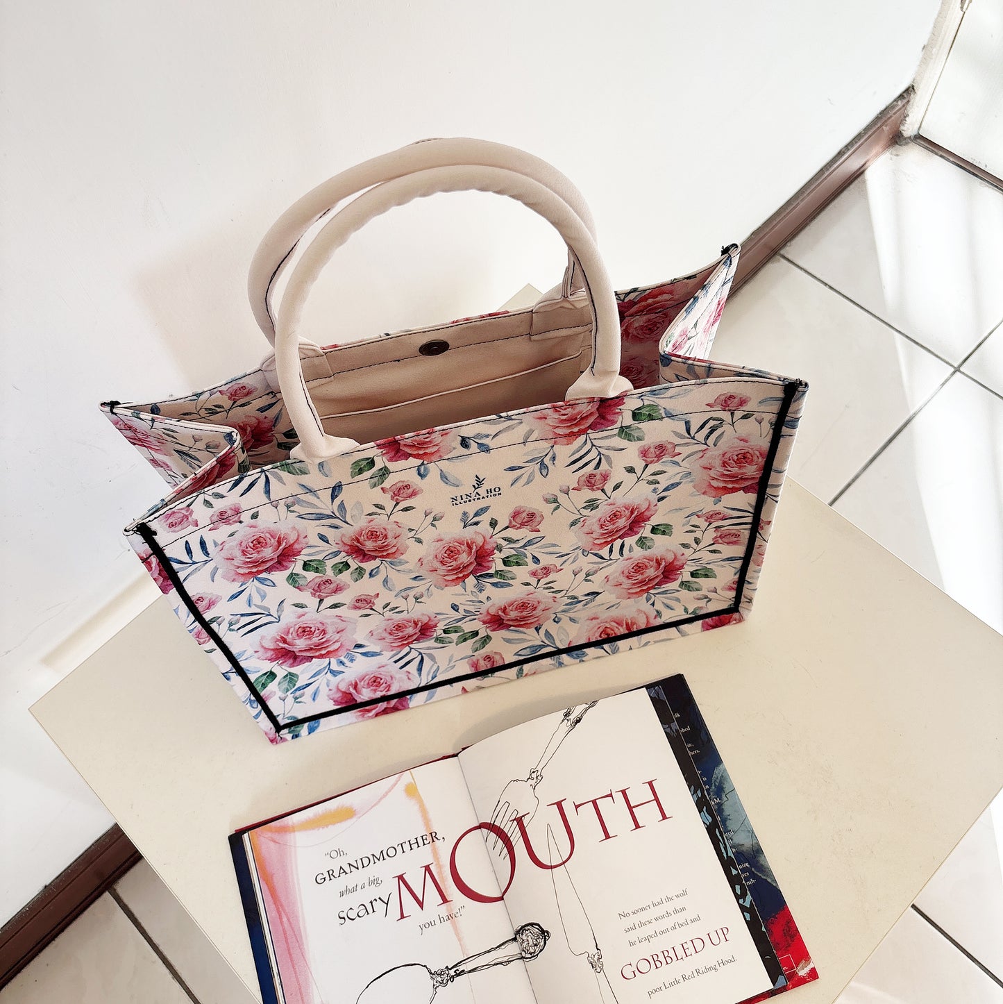 藍葉玫瑰 帆布手提大方包-奶油色(米白)(新品)