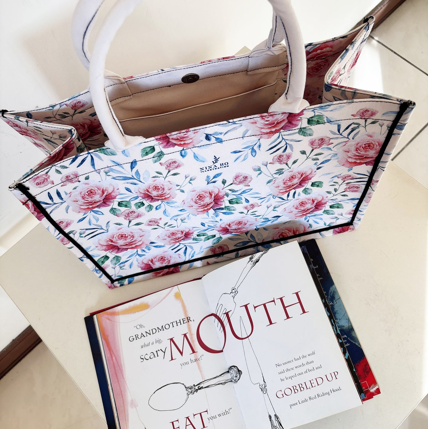 藍葉玫瑰 帆布手提大方包-奶油色(米白)(新品)