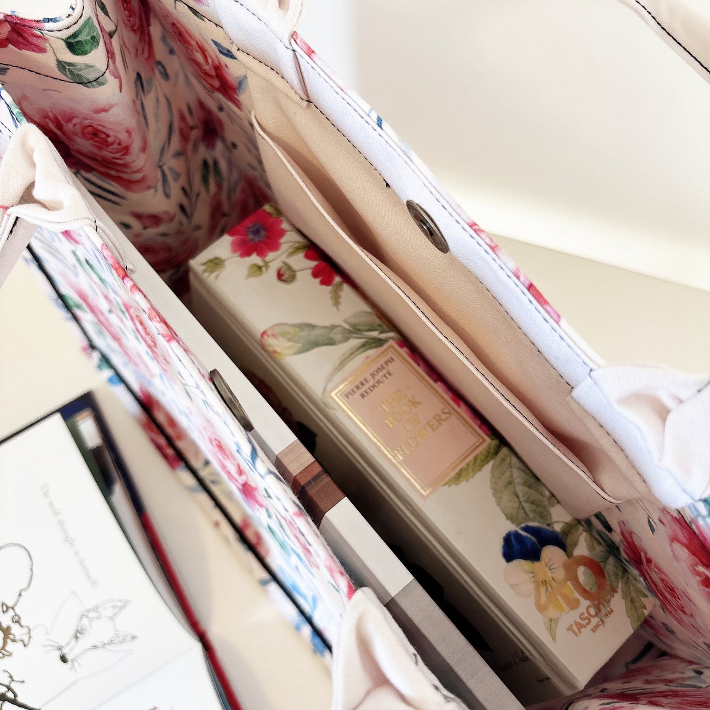 藍葉玫瑰 帆布手提大方包-奶油色(米白)(新品)