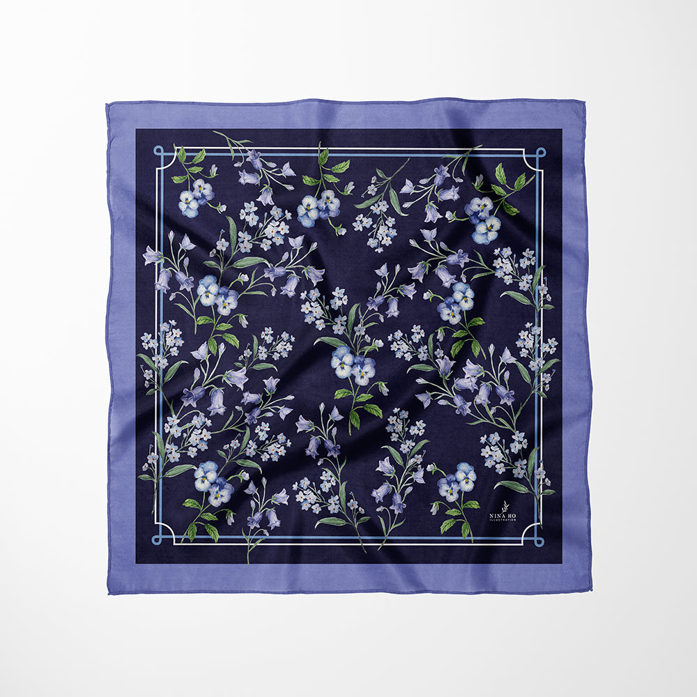 Campanula silk scarf full pattern view with purple-blue floral design-Nina Ho Illustration