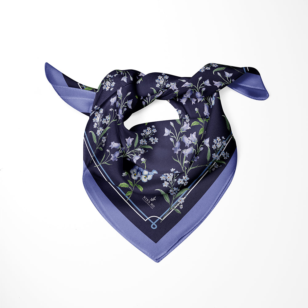 Rolled Campanula silk scarf showing texture and floral print details-Nina Ho Illustration