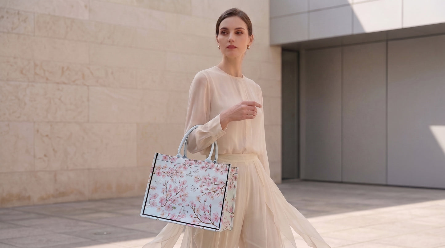 Elegant woman in a flowing cream dress carries a pale blue canvas tote adorned with hand-painted cherry blossom motifs by NINA HO ILLUSTRATION, blending artistic subtlety with refined everyday sophistication.