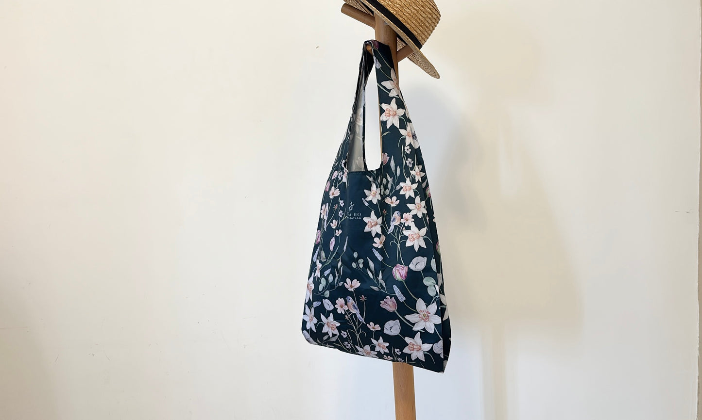 Flower Party Foldable Tote-L-Dark Blue