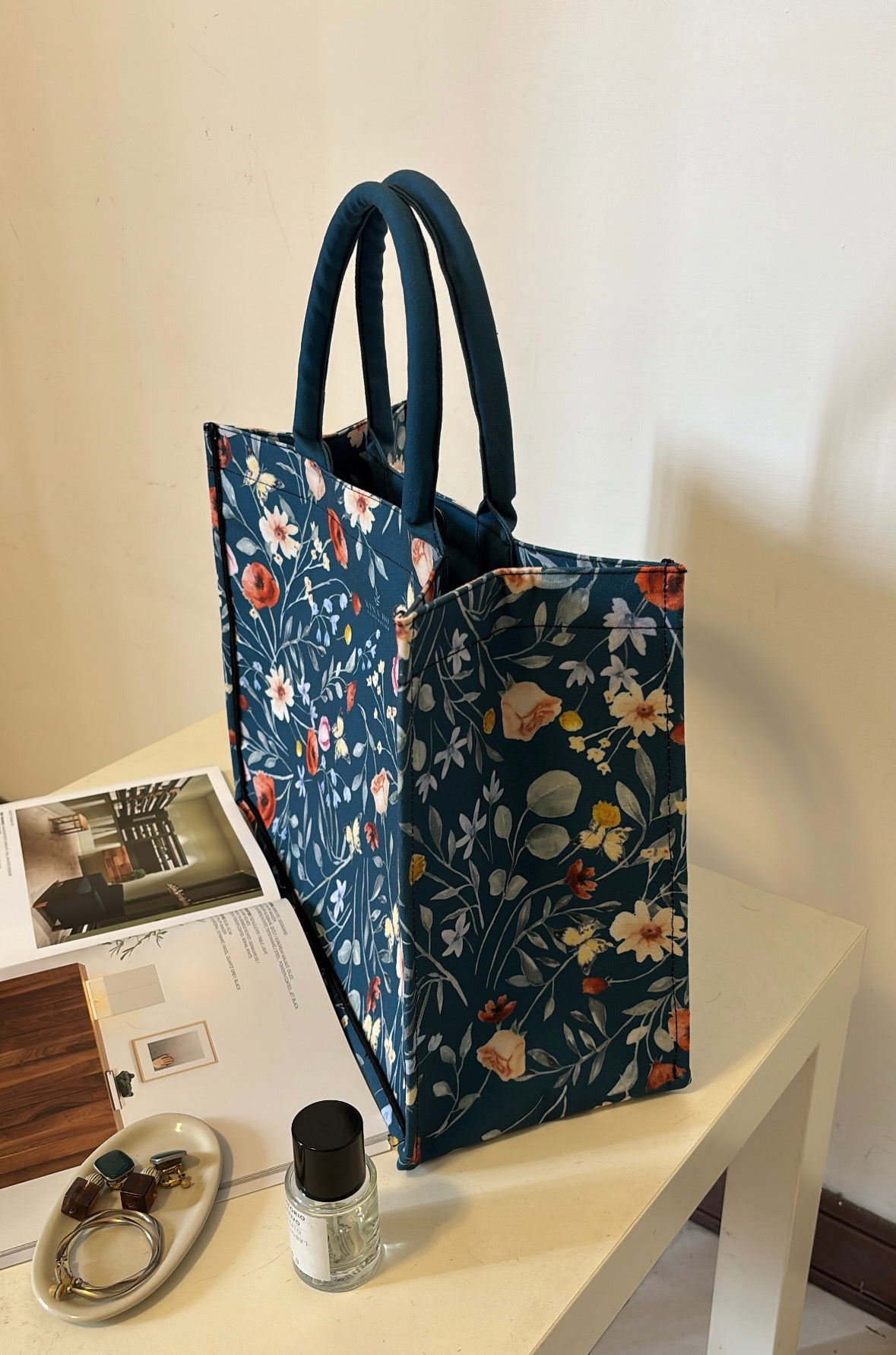 Floral Party Canvas Tote Bag - Deep Blue