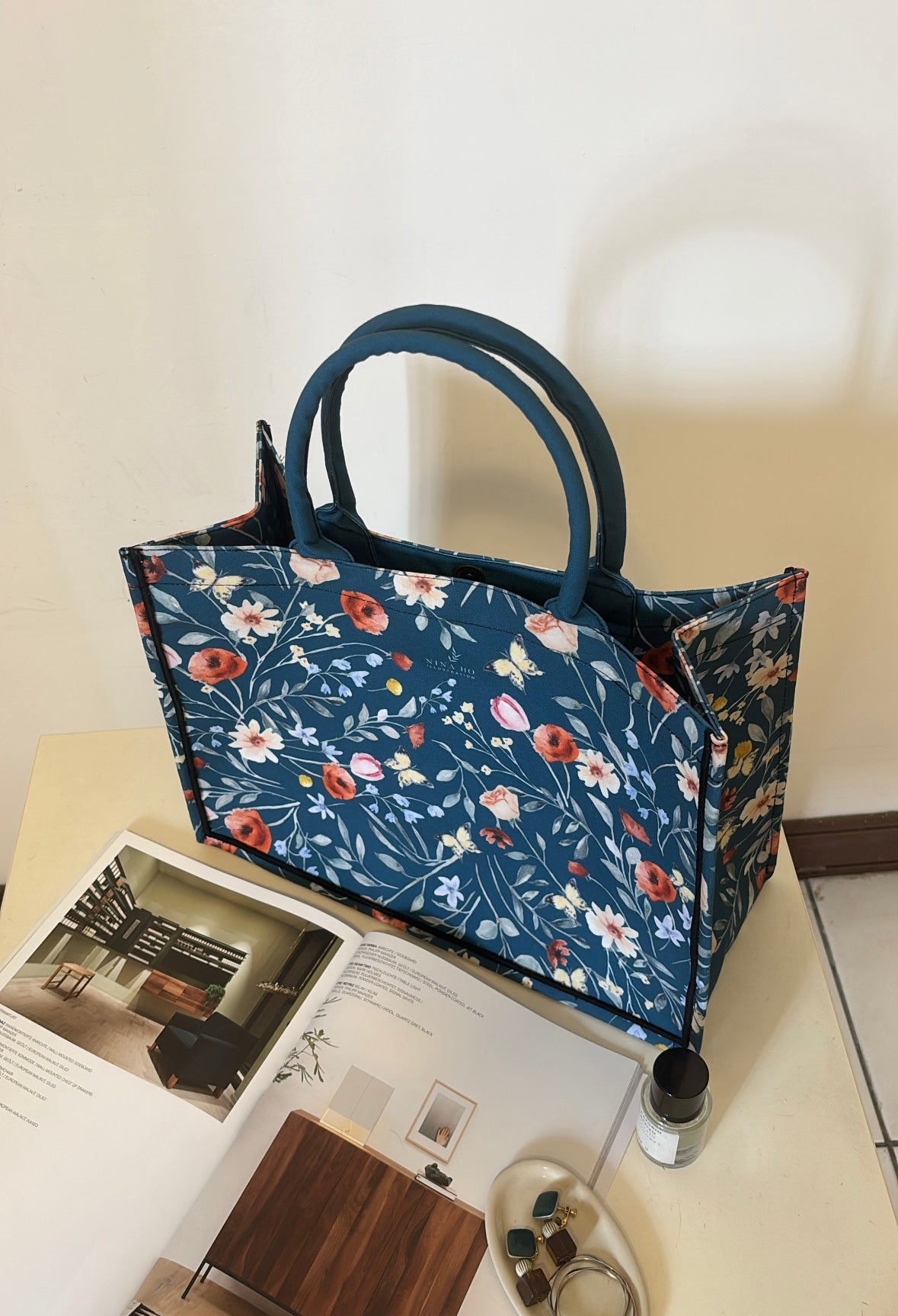 Floral Party Canvas Tote Bag - Deep Blue