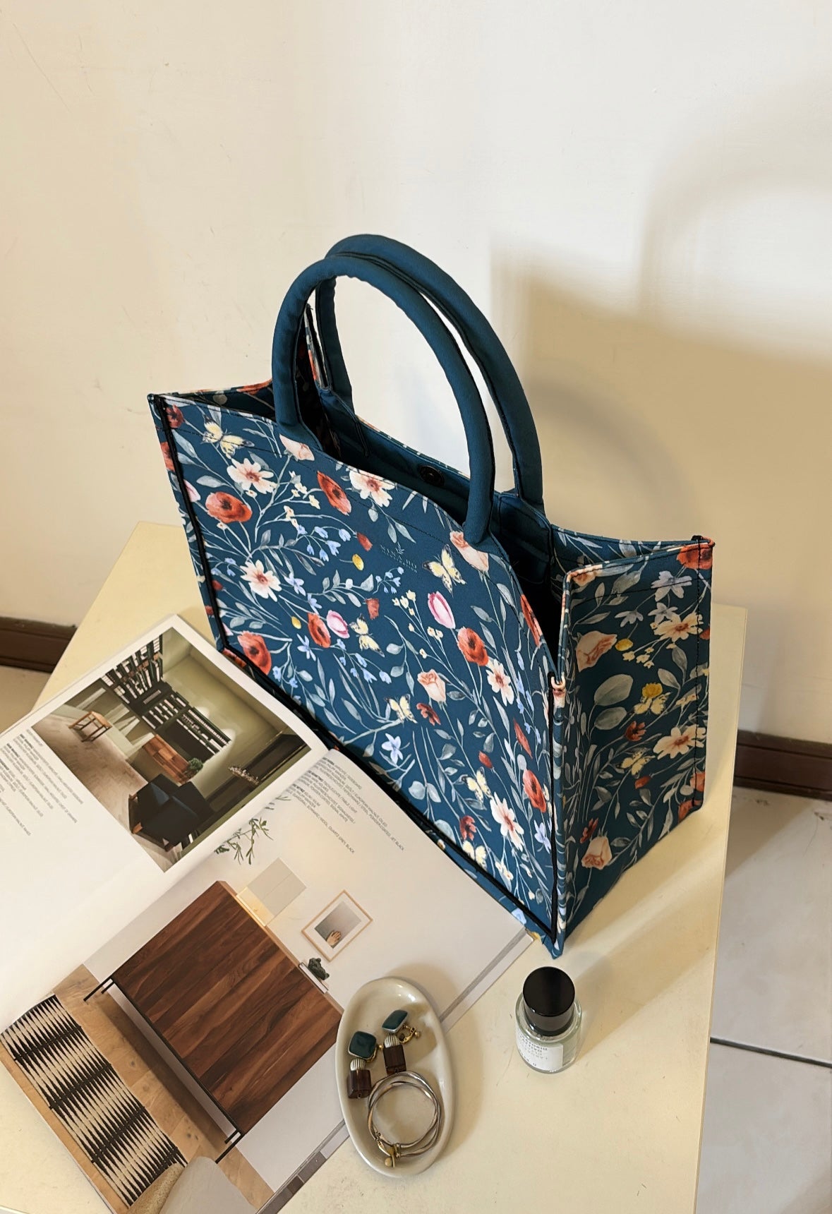 Floral Party Canvas Tote Bag - Deep Blue