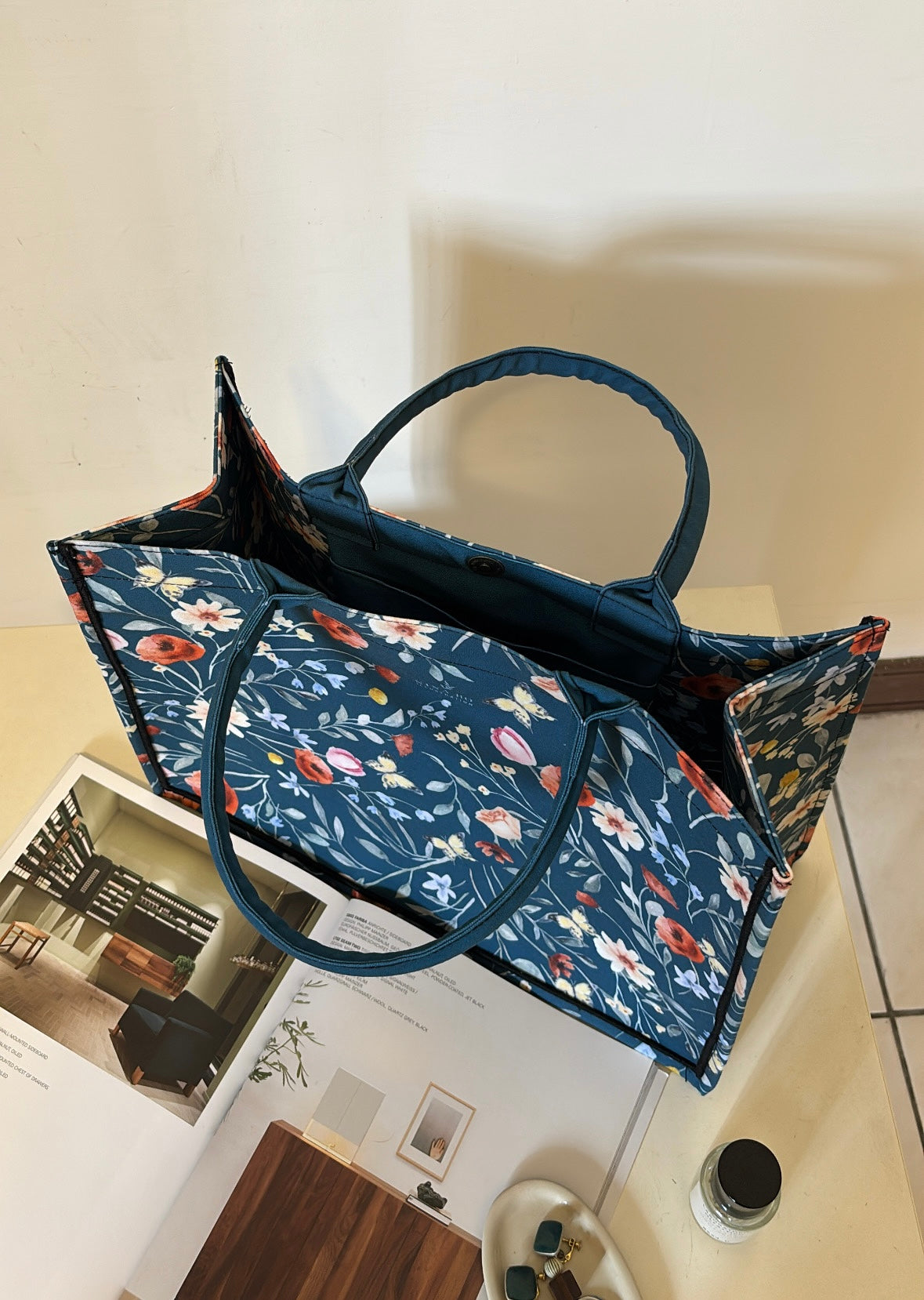 Floral Party Canvas Tote Bag - Deep Blue
