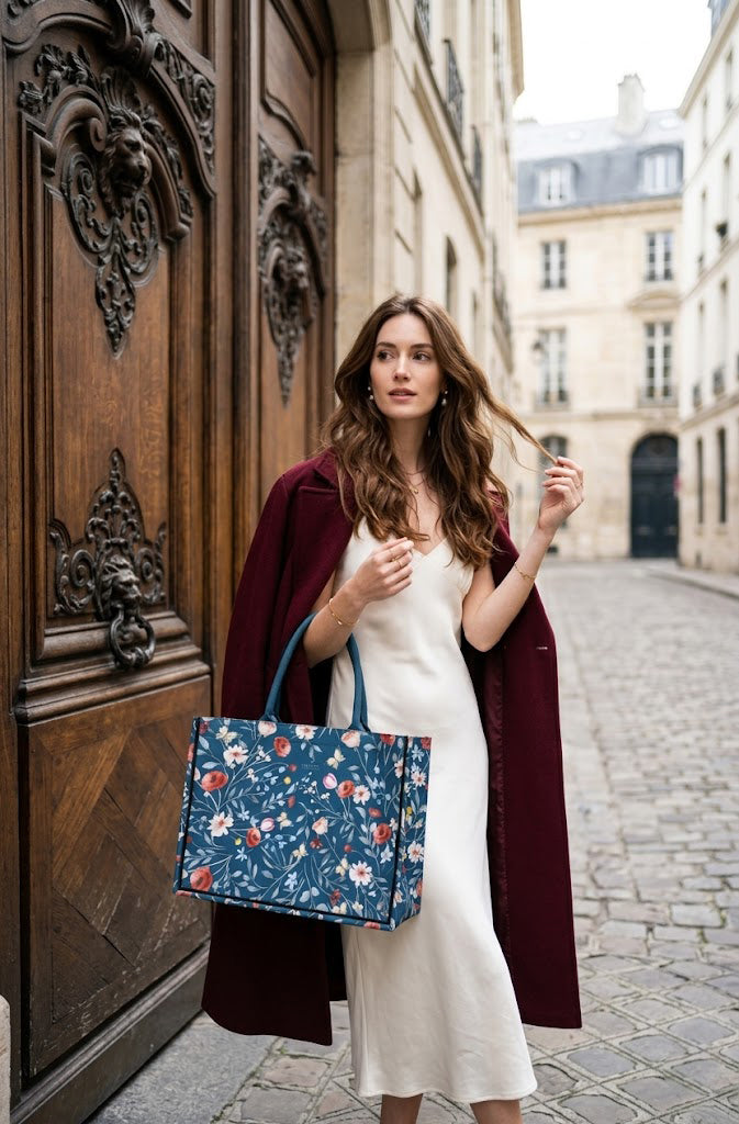 Floral Party Canvas Tote Bag - Deep Blue