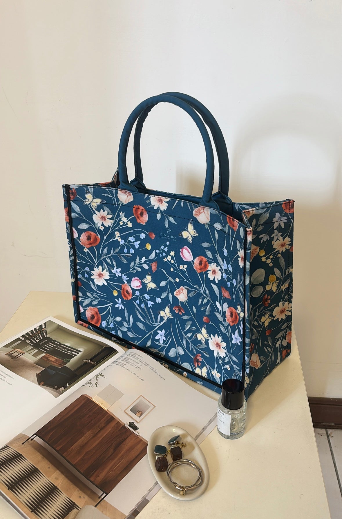 Floral Party Canvas Tote Bag - Deep Blue