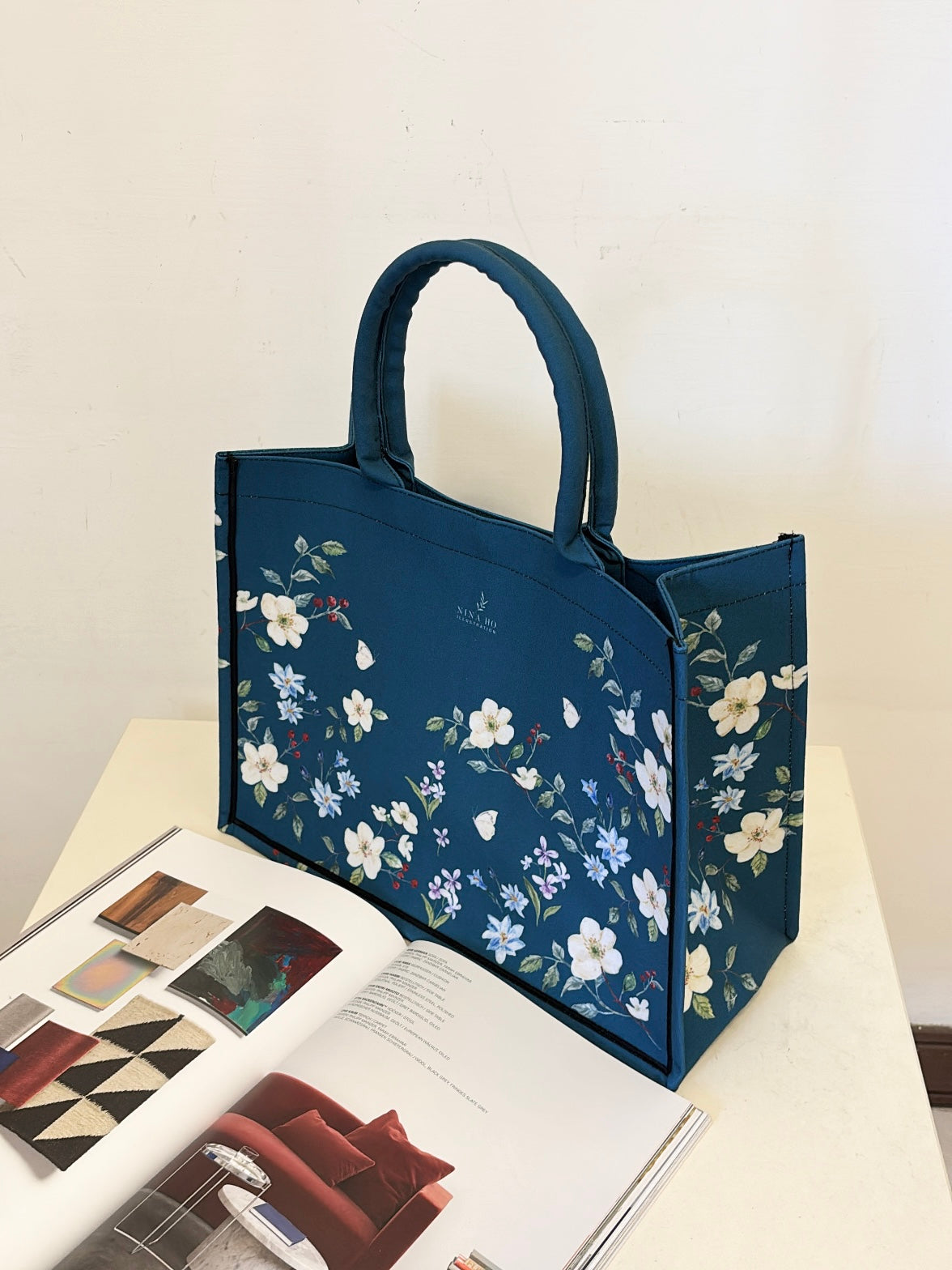 花間悠遊 帆布手提大方包-深藍綠-新品