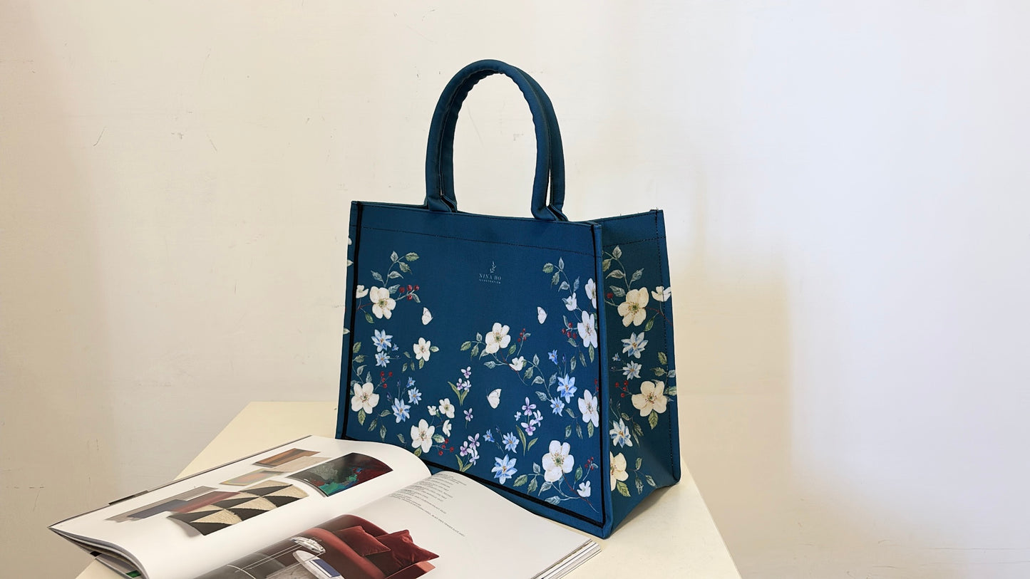 花間悠遊 帆布手提大方包-深藍綠-新品