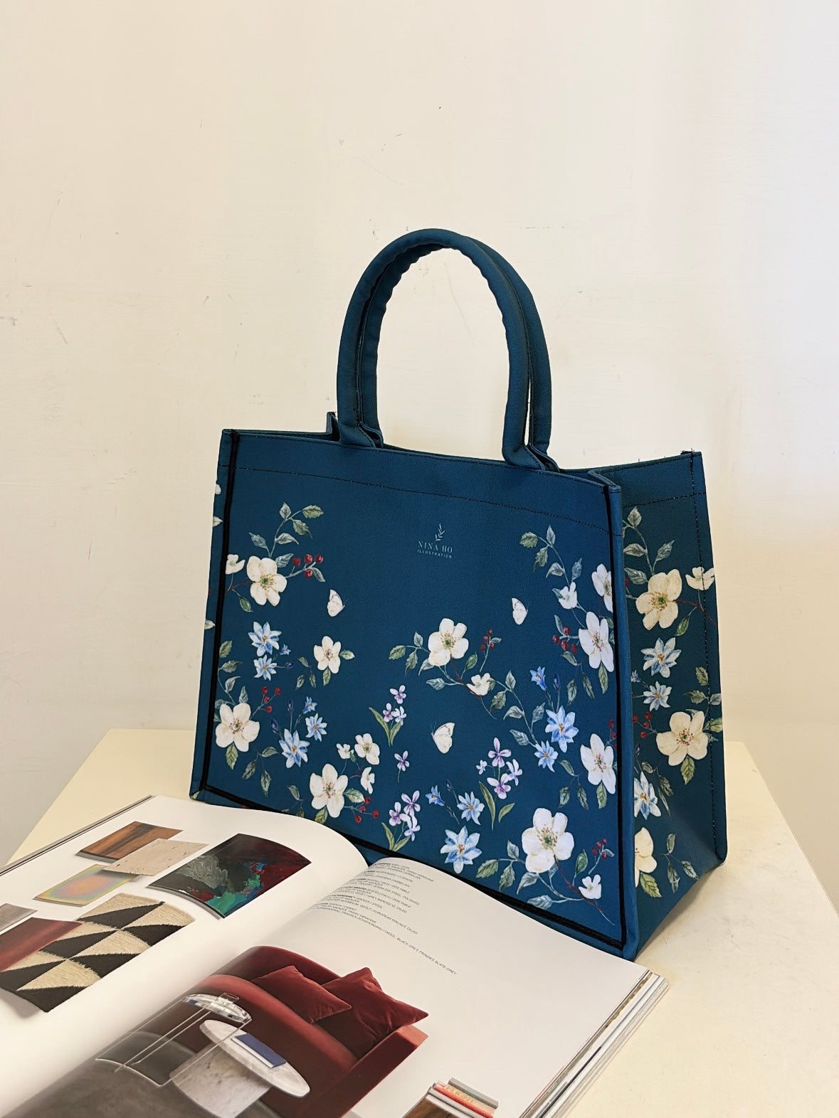 花間悠遊 帆布手提大方包-深藍綠-新品