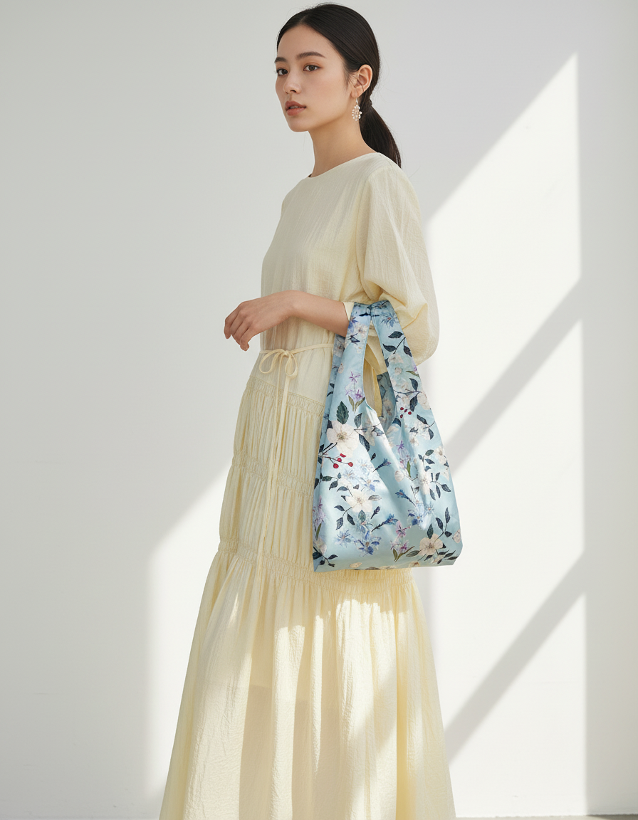 Elegant woman carrying NINA HO ILLUSTRATION Floral Stroll reusable bag with watercolor botanical patterns