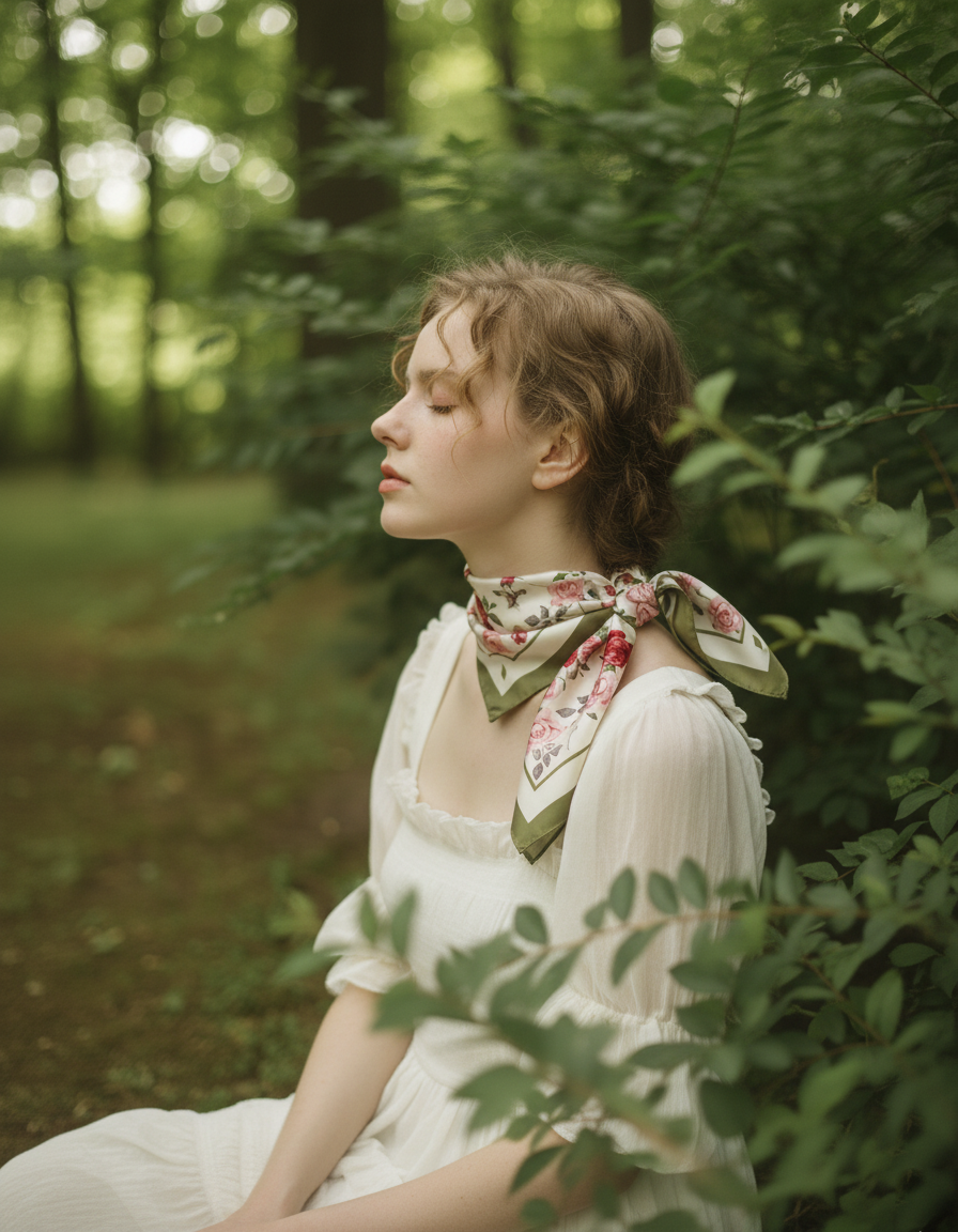 French Rose silk scarf in Pigeon Green by NINA HO for a quiet reading moment
