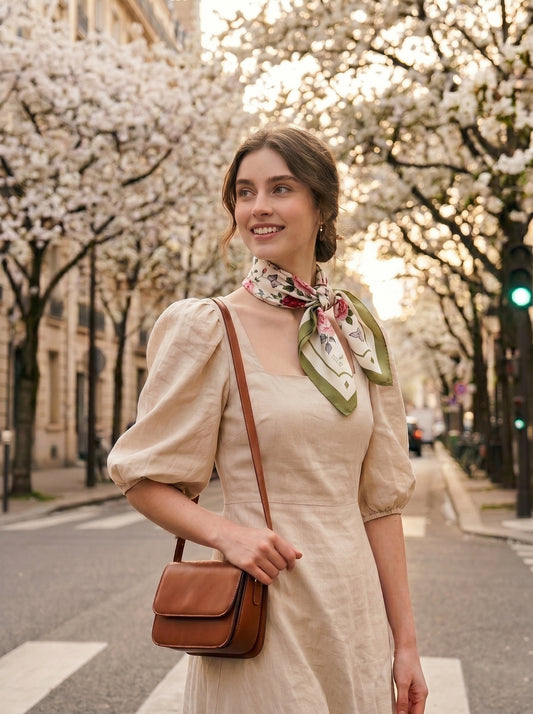 法國玫瑰雙面真絲絲巾-山鳩綠（草綠）