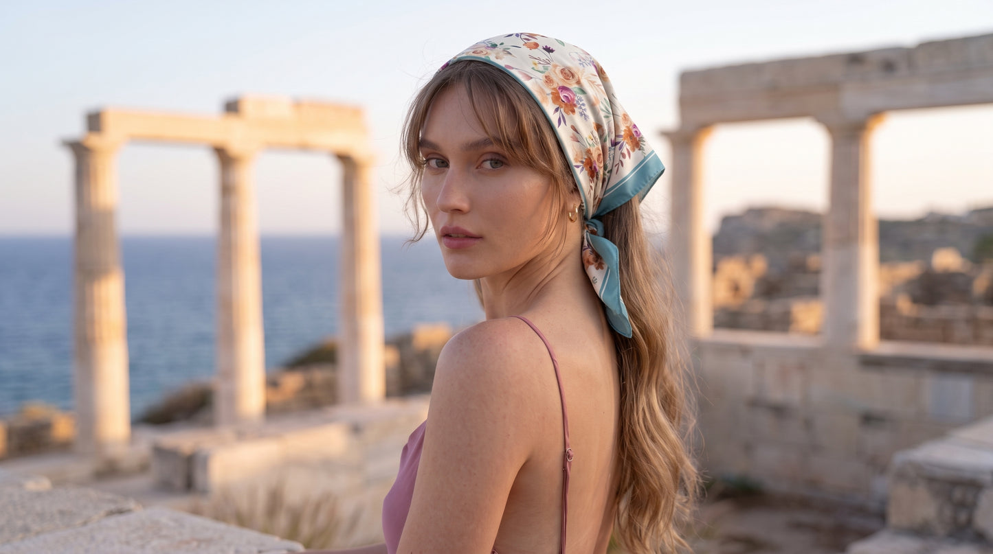 Rose Garden Double-Sided Silk Scarf - Light Blue