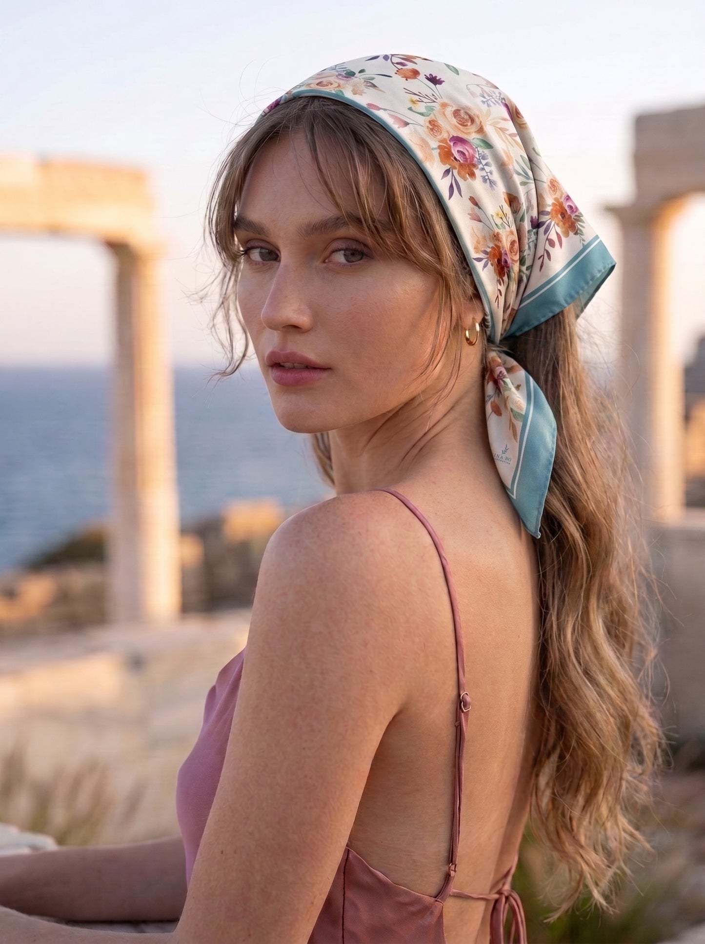 Rose Garden Double-Sided Silk Scarf - Light Blue