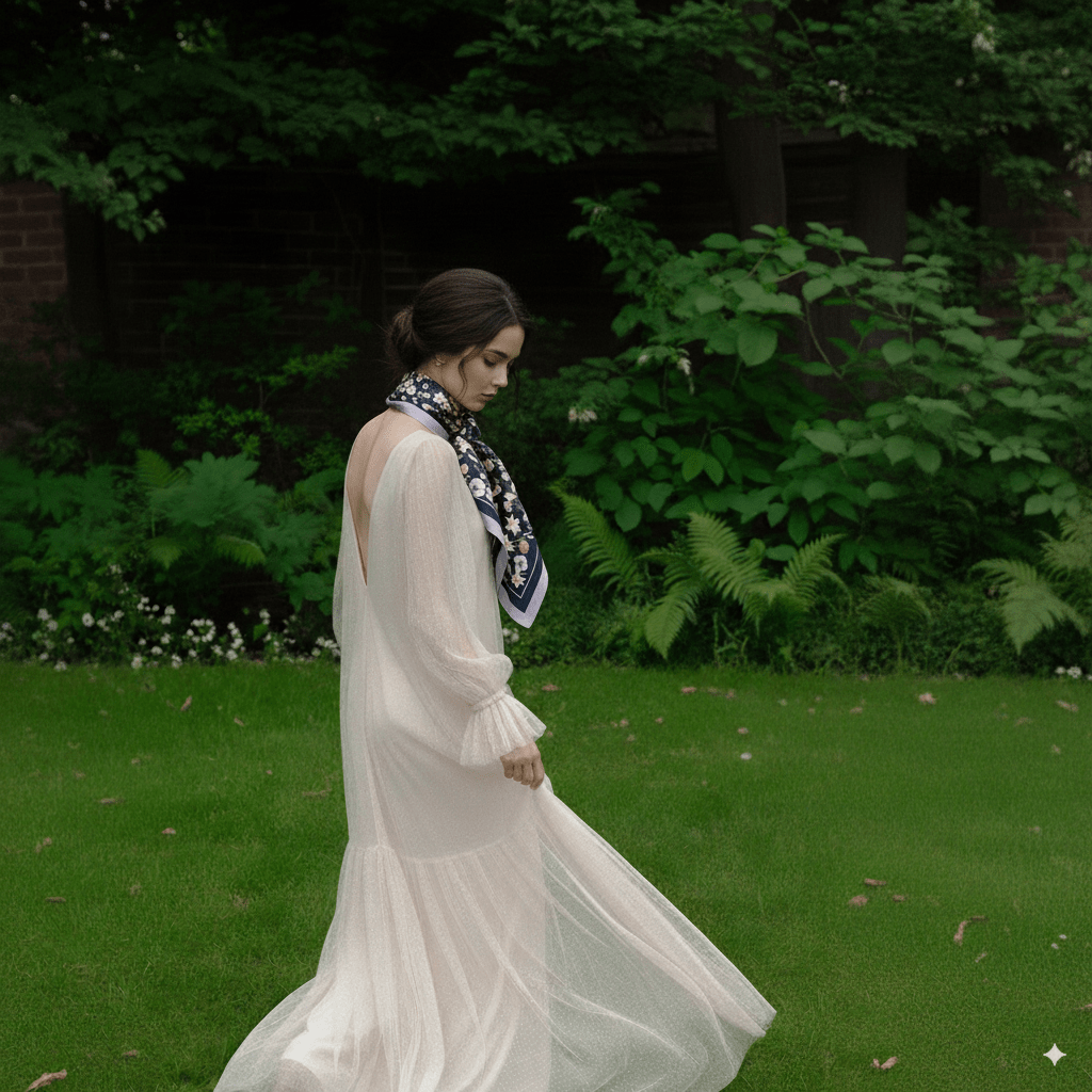 Woman in a flowing white dress wearing 水仙與知更鳥雙面真絲絲巾-深藍綠-L from 我的商店 in a lush garden setting.