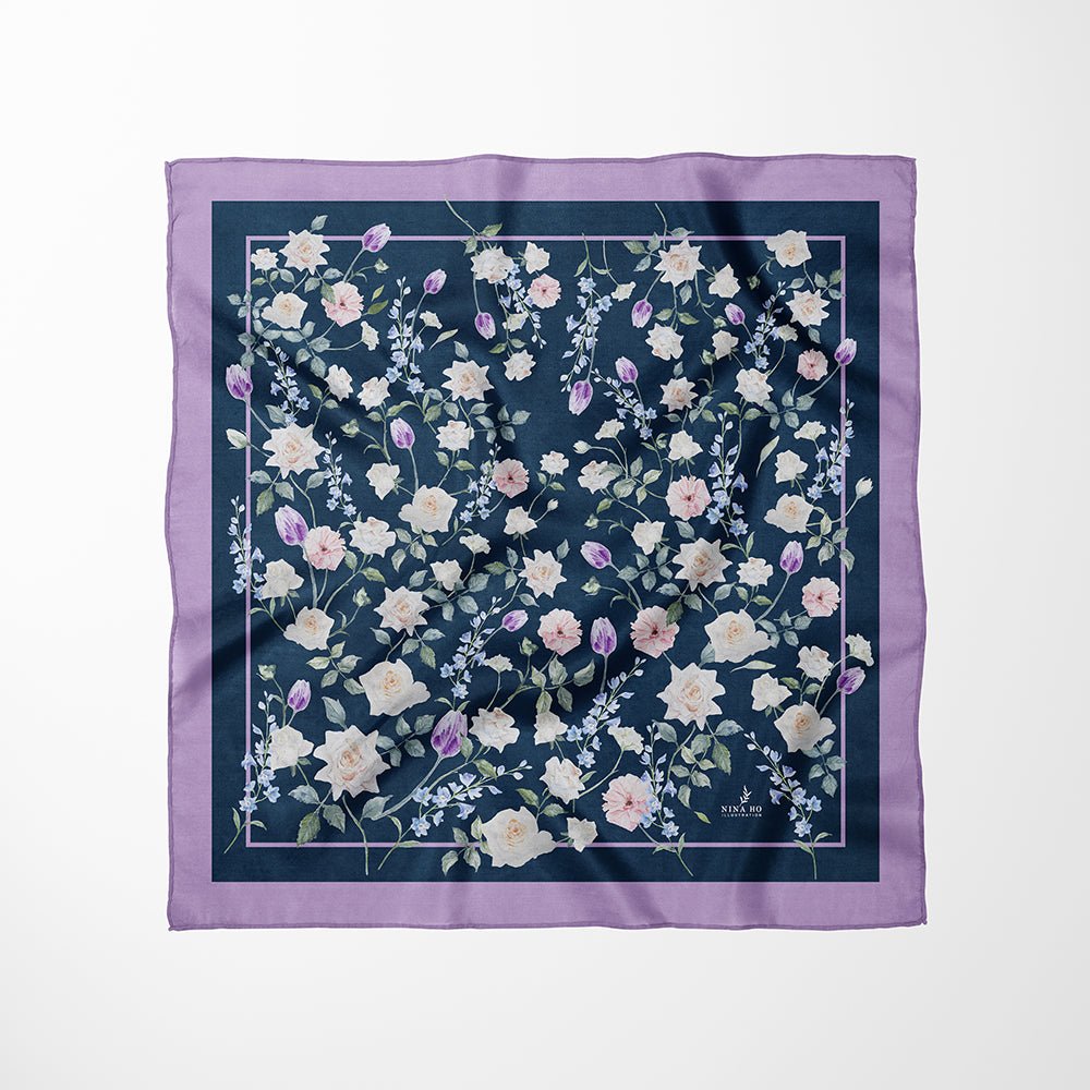 白色玫瑰園雙面真絲絲巾-紫藤色-L by nina ho illustration, floral purple botanical silk scarf gift