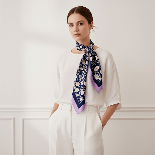 白色玫瑰園雙面真絲絲巾-紫藤色-L 100% Mulberry Silk floral neck scarf by nina ho illustration
