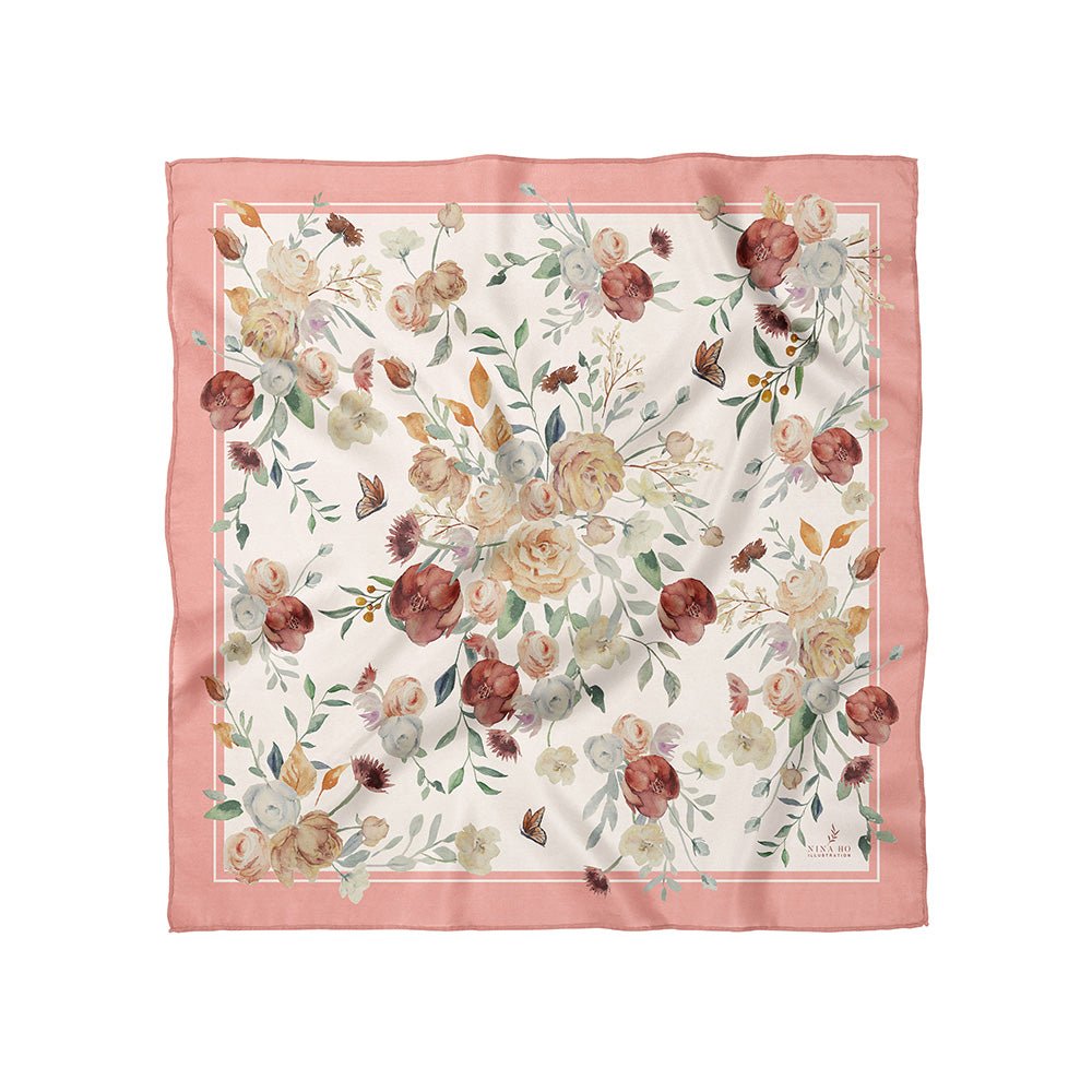 花束與蝴蝶雙面真絲絲巾 - 珊瑚粉(粉橘) - L - NINA HO ILLUSTRATION我的商店