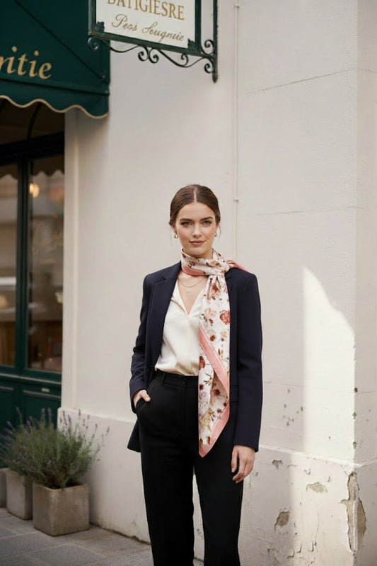 Woman wearing 花束與蝴蝶雙面真絲絲巾-珊瑚粉(粉橘) - L silk scarf by 我的商店 styled with office chic attire outdoors