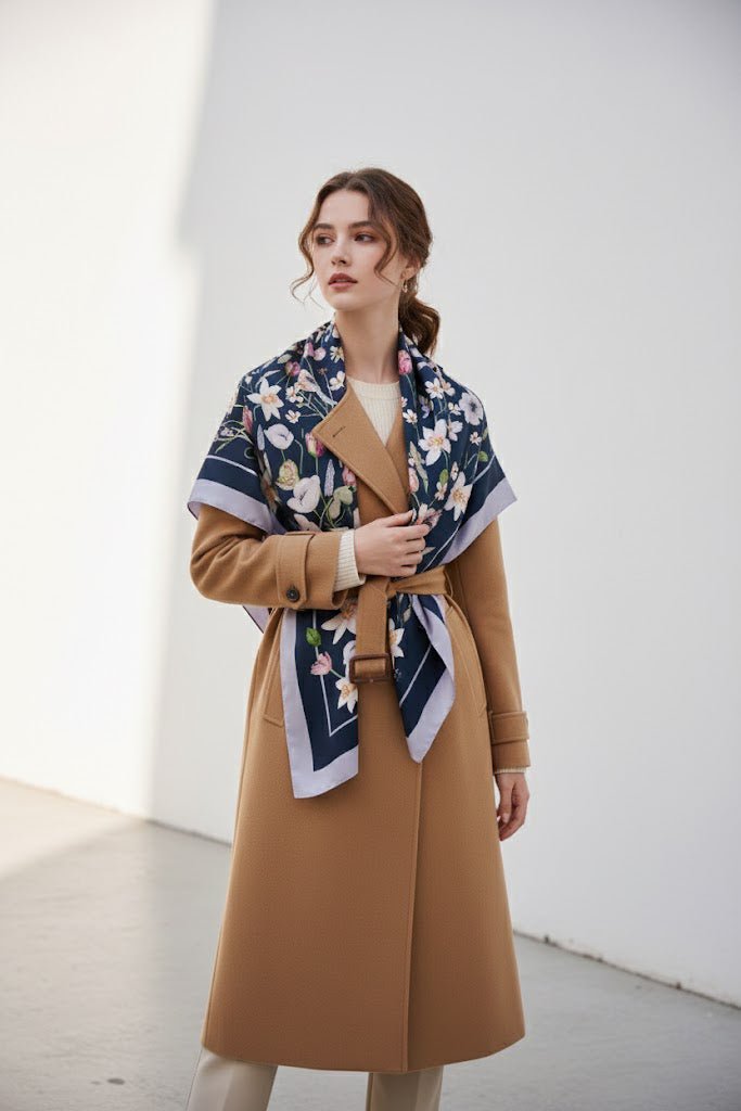 Model wearing 水仙與知更鳥雙面真絲絲巾-深藍綠-L scarf with floral print over camel coat by 我的商店