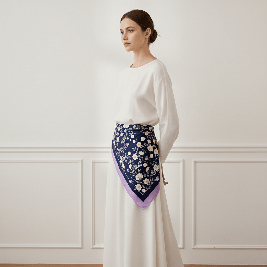 Model wearing 白色玫瑰園雙面真絲絲巾-紫藤色-L by nina ho illustration, purple floral silk scarf wrap