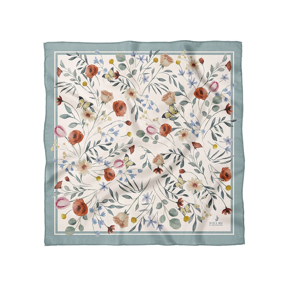 花叢派對雙面真絲絲巾 - 淺藍綠 - L - NINA HO ILLUSTRATION我的商店