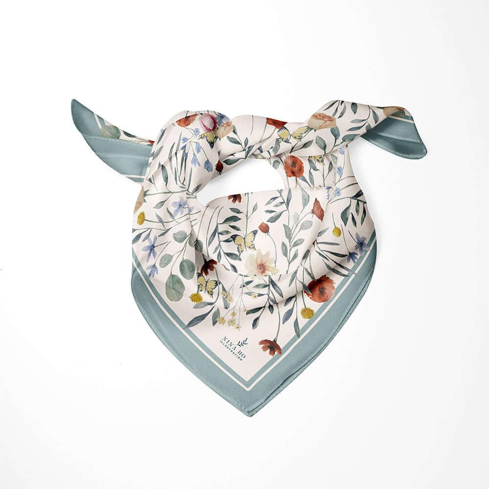花叢派對雙面真絲絲巾 - 淺藍綠 - L - NINA HO ILLUSTRATION我的商店