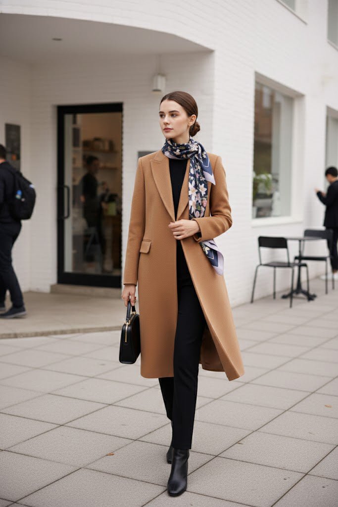Woman in camel coat styling the 水仙與知更鳥雙面真絲絲巾-深藍綠-L silk scarf with elegant office wear from 我的商店.
