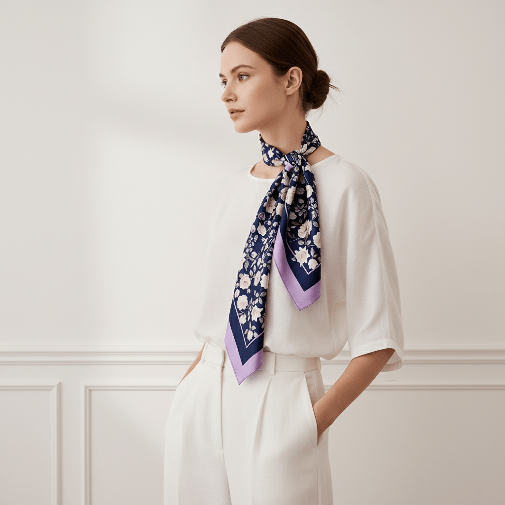 白色玫瑰園雙面真絲絲巾-紫藤色-L by nina ho illustration, purple floral 100% Mulberry Silk scarf styled elegantly